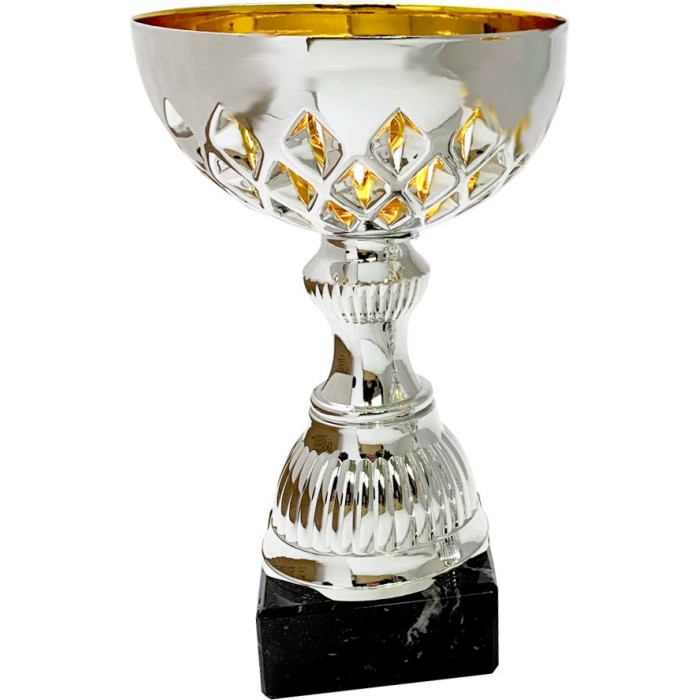 SILVER AND GOLD WITH CUT OUT DESIGN METAL TROPHY CUP ON SHAPED RISER-AVAILABLE IN 4 SIZES